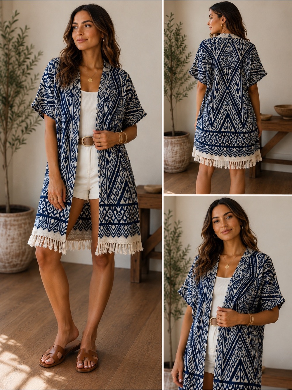 Peruvian Connection Navy & White Fringe Boho Kimono